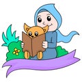 A beautiful woman wearing a Muslim hijab teaching to read a bear cub. doodle icon image kawaii