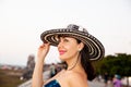 Beautiful woman wearing the traditional Colombian hat called Sombrero Vueltiao at the historical streets of the Cartagena de Royalty Free Stock Photo