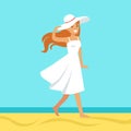 Beautiful woman in a white dress and beach hat against a bright blue sky and sea on a holiday beach Royalty Free Stock Photo