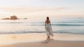 Beautiful woman in white dress walking on the beach at sunset. Light background in soft neutral tones. Generative AI