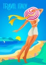 Beautiful woman in a wide-brimmed hat on a tropical beach. The lake shore, the mountains. Holiday on the French Riviera, Liguria Royalty Free Stock Photo