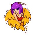 Beautiful woman with wings, horns and nimbus. Angel and demon, good and evil. Attractive succubus in a tank top. Colorful modern