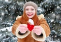 Beautiful woman on winter outdoor posing with heart shape toys, holiday concept, snowy fir trees in forest, long red hair, wearing Royalty Free Stock Photo