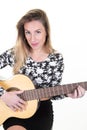 Beautiful woman with wood acoustic guitar classic on white background Royalty Free Stock Photo