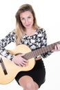 Beautiful woman with wood acoustic guitar classic on white background Royalty Free Stock Photo