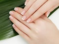 Beautiful woman& x27;s hands on light background. Care about hand. Tender palm with natural manicure, clean Royalty Free Stock Photo