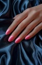 Beautiful woman's hands with pink manicure on black silk fabric, closeup. Generative AI