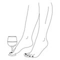 Beautiful Woman's Legs and Wineglass in Trendy Minimal Linear Style. Vector Line Art Female Body Royalty Free Stock Photo