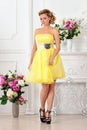 Beautiful woman in yellow dress in luxury studio. Royalty Free Stock Photo