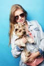 Beautiful woman with Yorkshire terrier dog Royalty Free Stock Photo