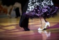 Beautiful womanish and masculine legs in active ballroom dance, indoors Royalty Free Stock Photo