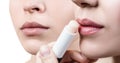 Beautiful woman applying hygienic lip balm. Royalty Free Stock Photo