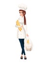 Beautiful women chef with brown hair, women hold bag with bread. Bakery young female chef. Cartoon character design. Flat Royalty Free Stock Photo