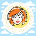 Beautiful women face, human head. Vector redhead character, attractive lady face features.