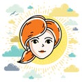 Beautiful women face, human head. Vector redhead character, attractive lady face features.