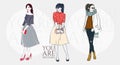 Beautiful women in a fashion retro clothes in glasses with bag. Vector hand drawn illustration.