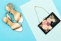 Beautiful women floral black clutch, wedding bag and gold heel