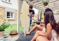 Beautiful women having fun in a surf class Royalty Free Stock Photo