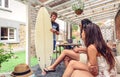 Beautiful women having fun in a surf class Royalty Free Stock Photo