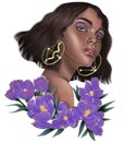 Beautiful women illustration. Fashion women portrait with crocus flowers. Saggitarius. Royalty Free Stock Photo