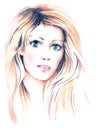 Beautiful women with long blondy hair, hand painted watercolor illustration