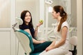 Beautiful woman patient having dental treatment at dentist`s office. Smiling woman holds an apple