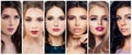 Beautiful Women with Perfect Makeup. Beauty Collage, Cute Faces Royalty Free Stock Photo