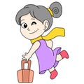 Beautiful women are ready to enjoy the holiday season by traveling, doodle icon image kawaii