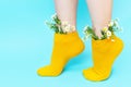 Beautiful women`s legs with flowers on blue background, front view Royalty Free Stock Photo