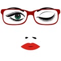 Beautiful women`s portrait with glasses. Red lips, eyes, nose. V