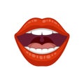 Beautiful women lip, great design for any purposes. Female lip with red lipstick. Open mouth with teeth.