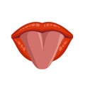 Beautiful women lip, great design for any purposes. Female lip with red lipstick. Tongue out. Fashion, style beauty