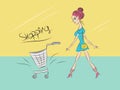 Beautiful Women shopping and Shopping cart vector illustration, hand drawn youn girl, cartoon, drawing Royalty Free Stock Photo