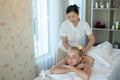Beautiful caucasian women sleeping rest relax on bed for spa asia massage at luxury spa salon and relaxation. Royalty Free Stock Photo