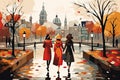 beautiful women walk in city in autumn AI generated