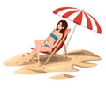 Beautiful women wear blue swimsuit relaxing on red beach chair under beach umbrella on vacation. Wooden lounge chair. Cartoon Royalty Free Stock Photo