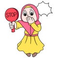 Beautiful women wearing Muslim hijabs carrying stop signs, doodle icon image kawaii