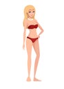 Beautiful women wearing red modern style swimsuit and white beads necklace. Cartoon character design. Flat illustration