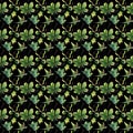 Beautiful wonderful graphic bright floral herbal autumn green maple chestnut leaves and chestnuts pattern on black background wat Royalty Free Stock Photo