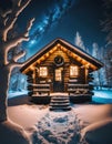 Beautiful wood cottage with christmas. lights and decoration in winter