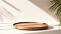 Beautiful wood grain round dish, Sunlight with tropical palm leaf shadow on white table, Generative AI