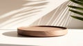Beautiful wood grain round dish, Sunlight with tropical palm leaf shadow on white table, Generative AI