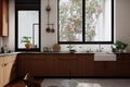 Beautiful Wood Sustainable Modern Kitchen Interior with Farmhouse White Sink