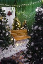 Beautiful wooden bench in middle of decorated lighted Christmas trees - indoor xmas decoration