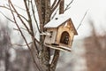 Beautiful wooden birdhouse for birds on a tree. Winter time Royalty Free Stock Photo