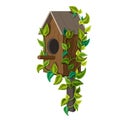 Beautiful Wooden birdhouse with green leaves isolated on white background. starling house in cartoon style. realistic nesting box Royalty Free Stock Photo