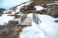 Beautiful Wooden Bridge in Snowy Mountains of Himalayas Nepal Khaptad National Park