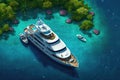 Beautiful wooden deck yacht at anchor in the stunning blue bay of the island, viewed from above. Generative ai Royalty Free Stock Photo