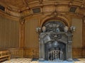 Wooden fretted lobby with fireplace of Scientists` House in Lviv, Ukraine Royalty Free Stock Photo