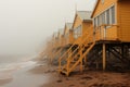 Beautiful wooden holiday houses on sand dunes of a Baltic sea landscape on foggy summer evening